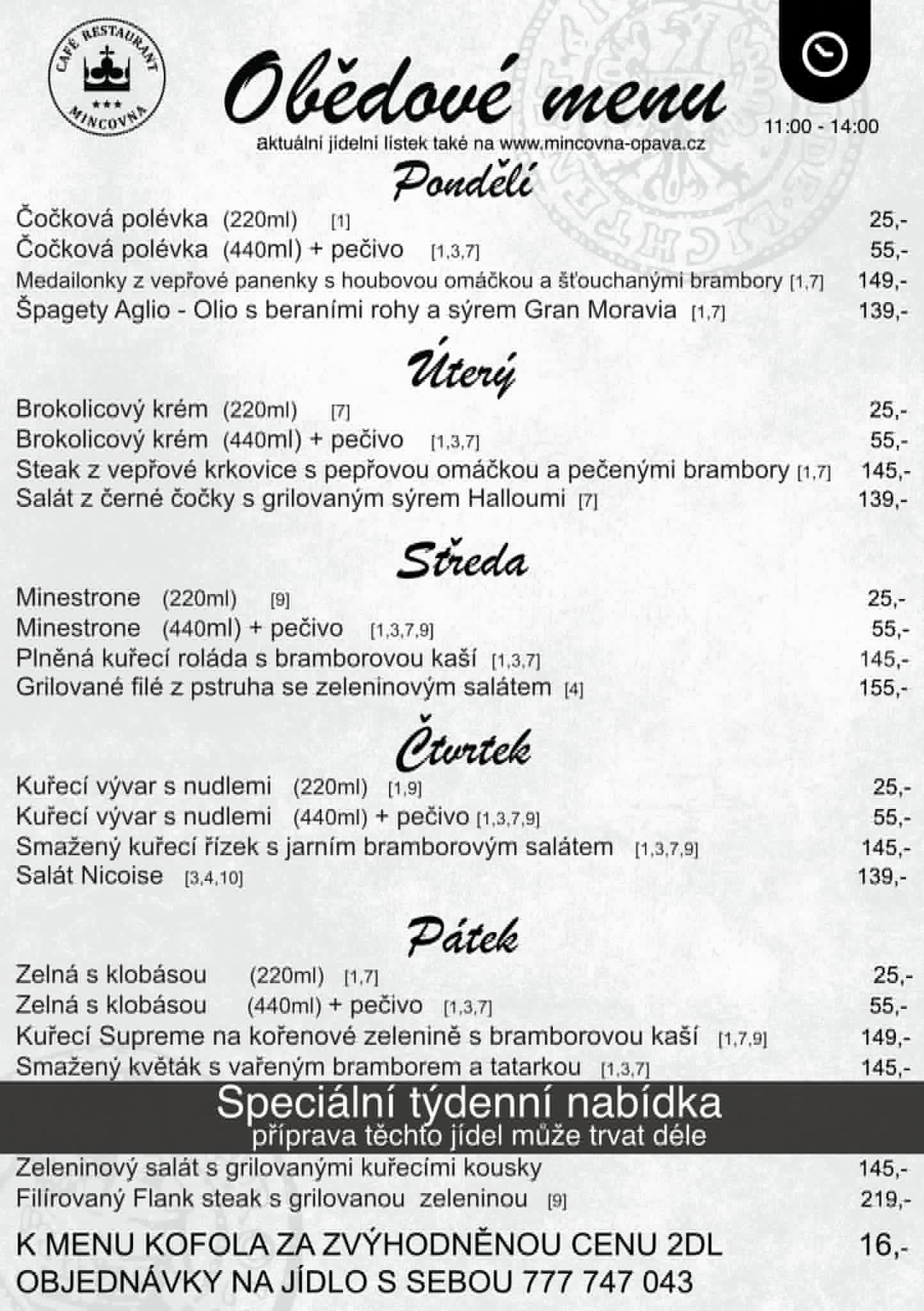 MIncovna Opava menu