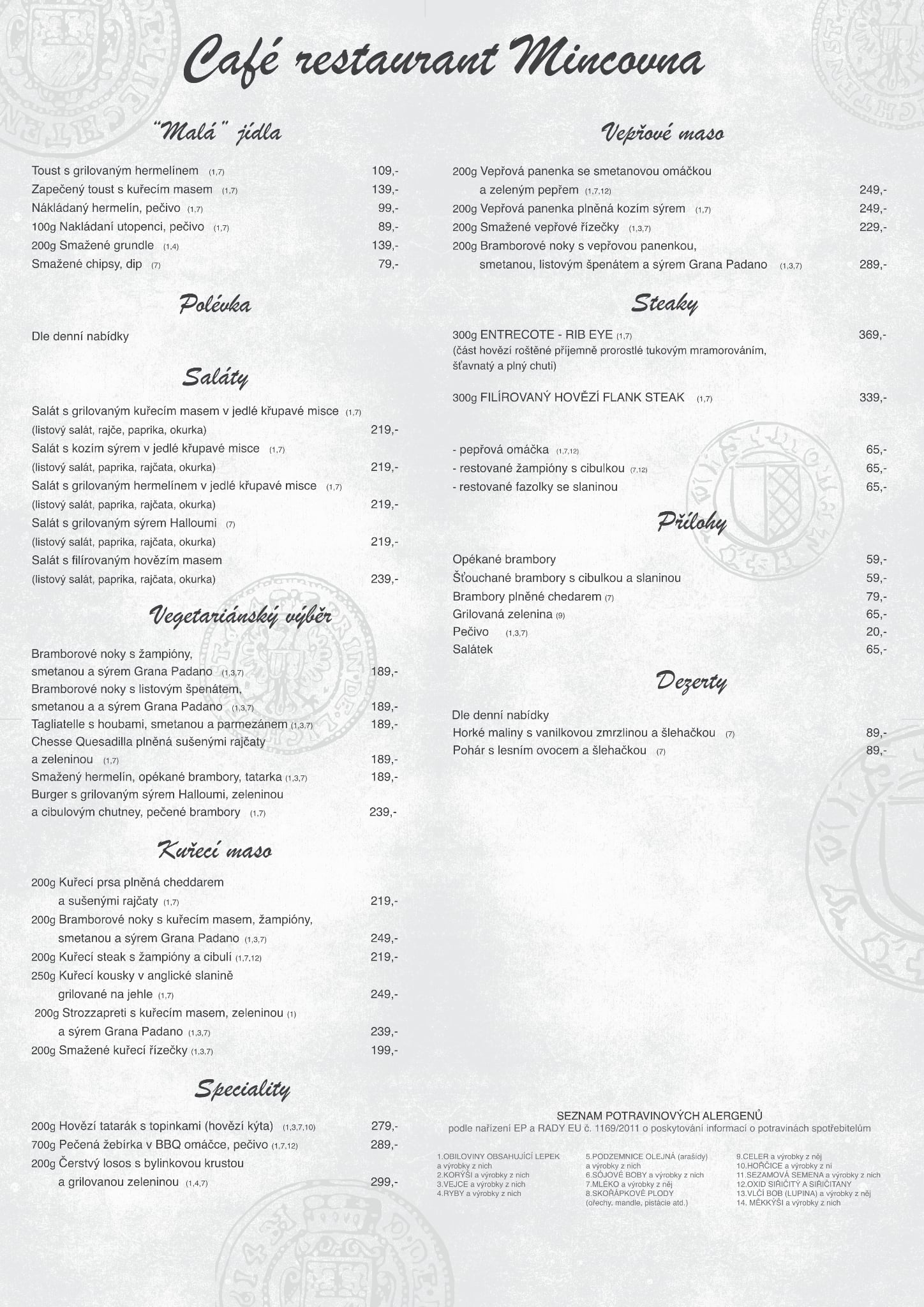 Mincovna menu